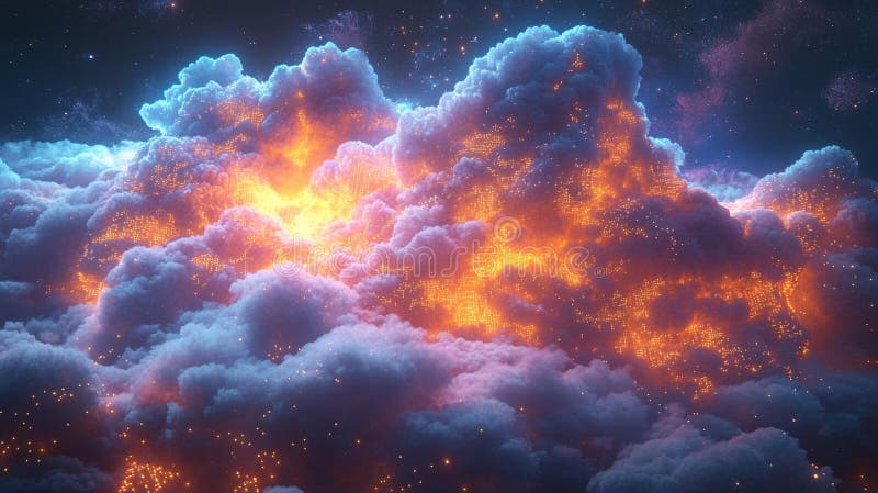Technological glowing cloud above a futuristic cityscape vector illustration