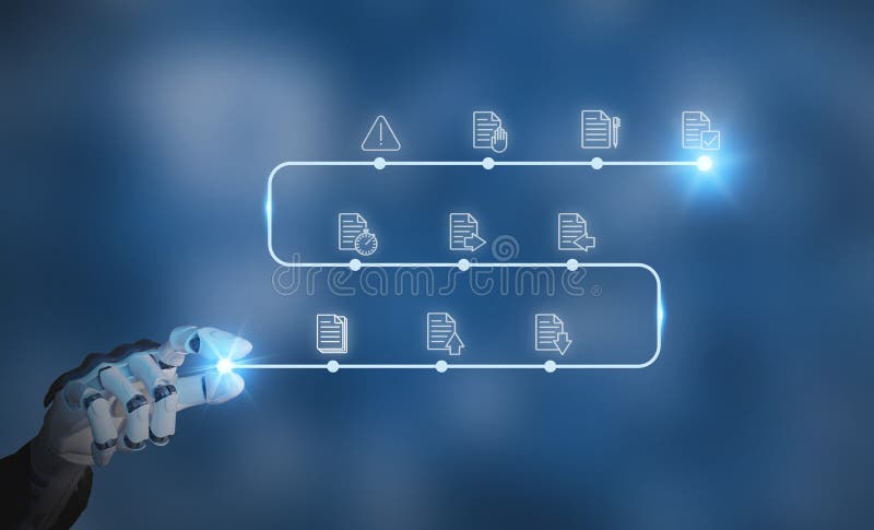 Technological innovation in document management systems (DMS) concept. Robotic hand interacts. royalty free stock photography