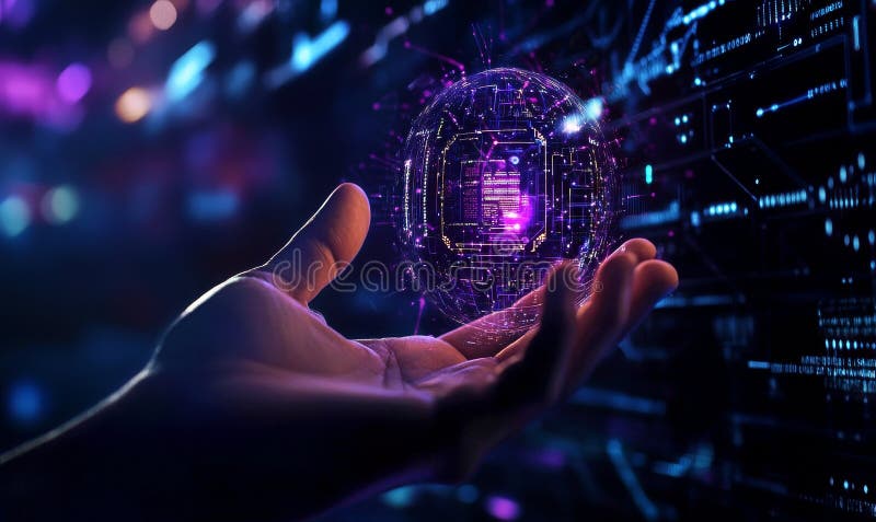 Technological Interaction With Glowing Sphere in a Digital Environment stock image
