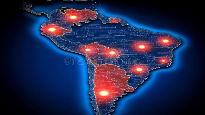 A Technological Map of South America Featuring Glowing Digital Circuits ...