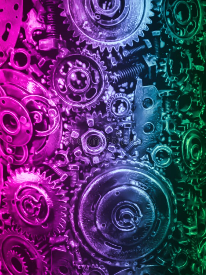 Neon, industrial background with different kind of metal gears and mechanisms stock photos