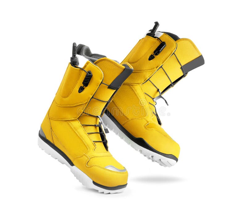 Technological Yellow Snowboard Boots on White Background Stock Photo