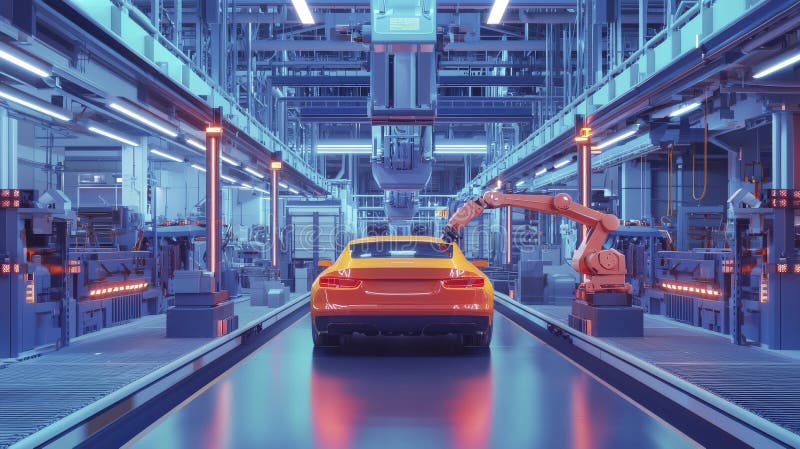Technologically advanced car on automated assembly floor royalty free illustration