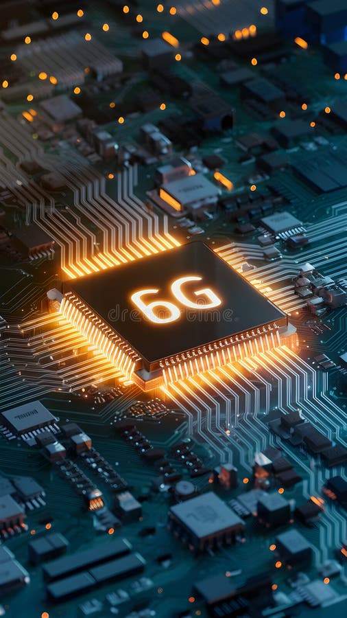 Advanced 6G chip glows on a densely packed circuit board in orange light royalty free illustration