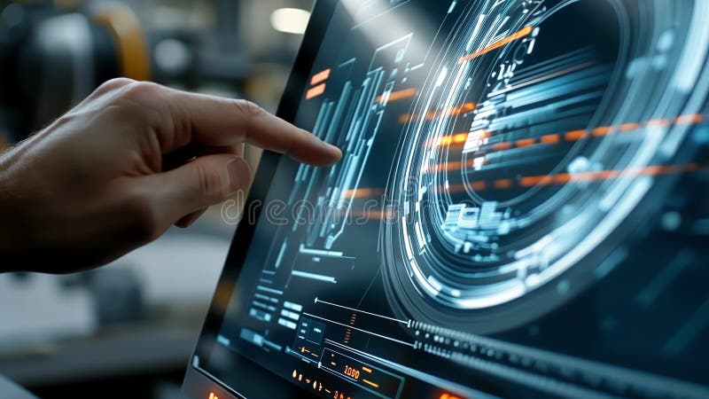 Industrial engineer using touchscreen futuristic interface in factory stock illustration