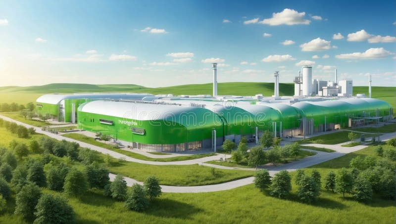 Technologically advanced factory that uses renewable resources surrounded by wind turbines and solar panels stock illustration