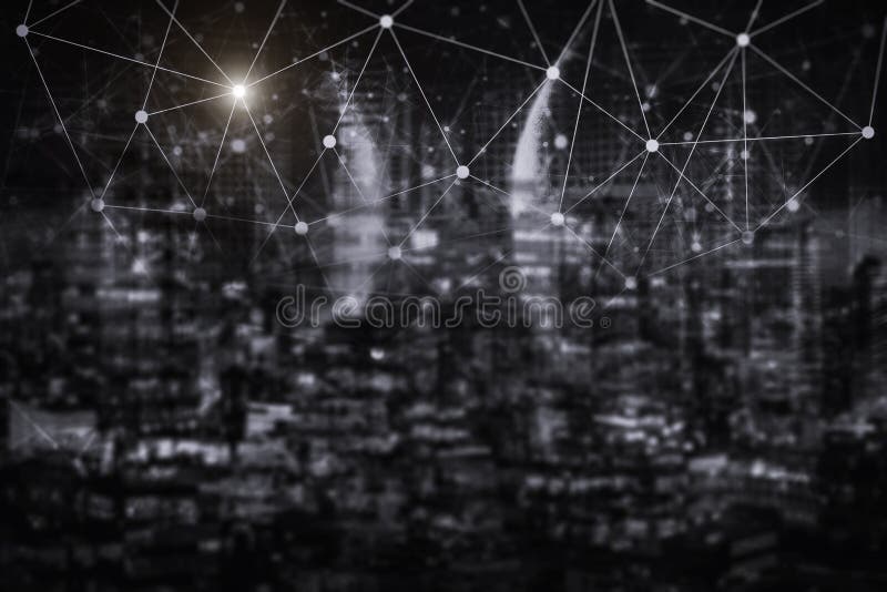 Technologie de connexion réseau avec la ville de nuit Commun de commerce électronique photo stock Technologie de connexion réseau avec la ville de nuit Commun de commerce électronique photo stock
