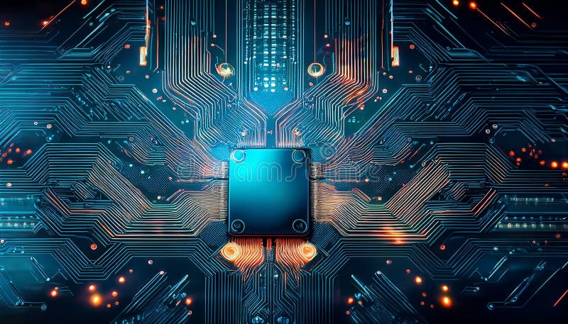 Technologie-Hintergrund. Eine Nahansicht einer Hauptplatine mit einem zentralen Mikrochip, umgeben von komplizierten Schaltungen. Das Motherboard zeichnet sich durch eine leuchtend blaue und orangefarbene Farbe aus, die elektronische Bauteile und leitfähige Wege hervorhebt. Das detaillierte Netzwerk von Linien und Knoten veranschaulicht komplexe elektronische Verbindungen, die typisch für fortgeschrittene Computergeräte sind. Zu den Elementen zählen Kondensatorwiderstände und andere Halbleiterkomponenten, die eine visuell dynamische Darstellung digitaler Technologie ermöglichen.
