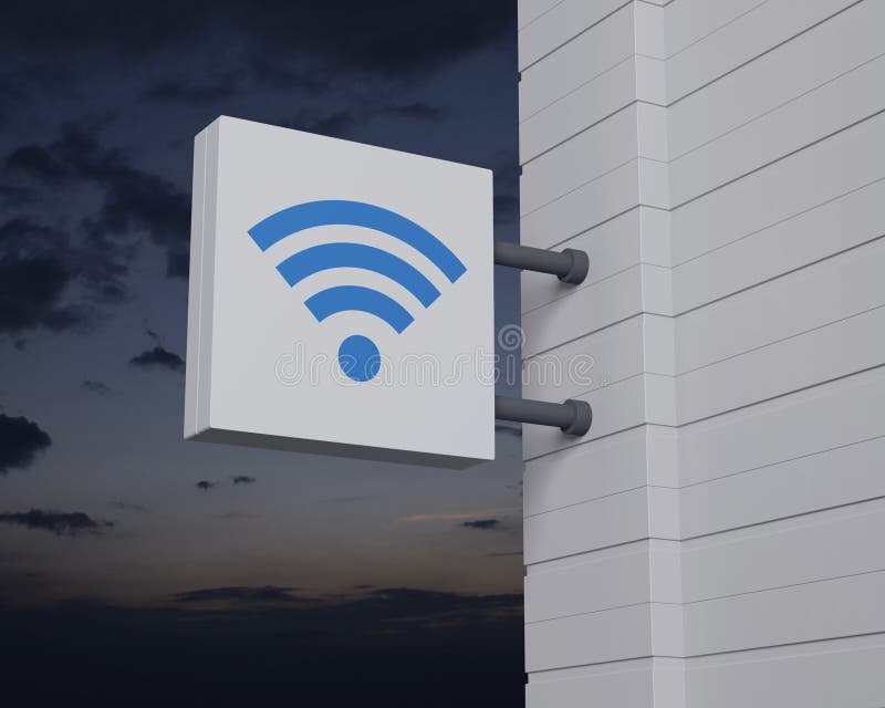 Wi-fi flat icon on hanging white square signboard over sunset sky, Technology internet communication concept, 3D rendering. Wi-fi flat icon on hanging white square signboard over sunset sky, Technology internet communication concept, 3D rendering