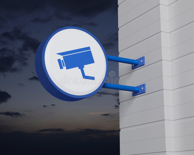 Cctv camera icon on hanging blue rounded signboard over sunset sky, Technology security and safety online concept, 3D rendering. Cctv camera icon on hanging blue rounded signboard over sunset sky, Technology security and safety online concept, 3D rendering