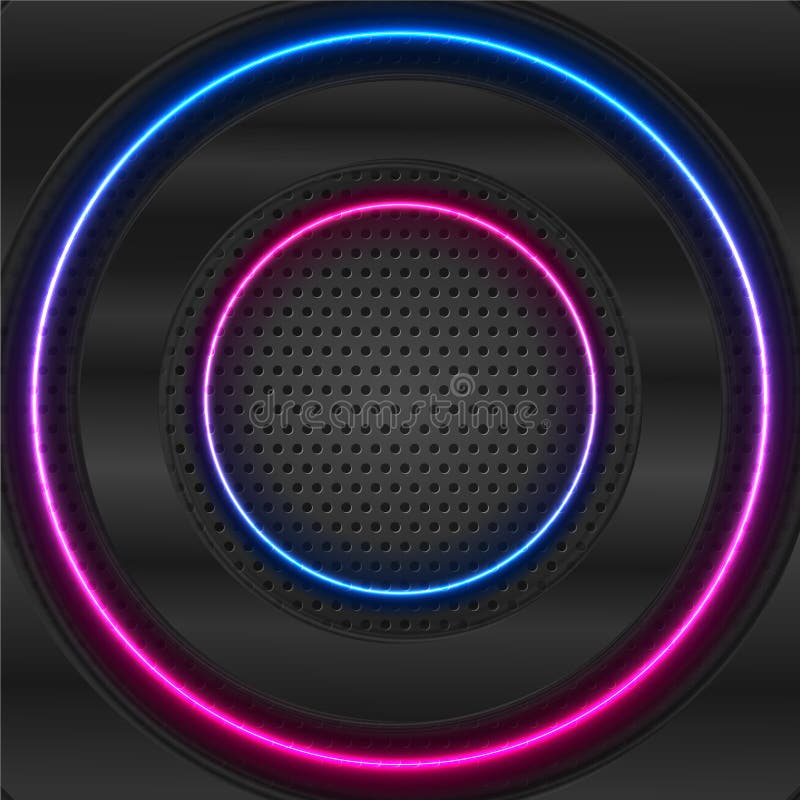 Black glossy and blue purple neon circles on dark perforated background stock illustration Black glossy and blue purple neon circles on dark perforated background stock illustration