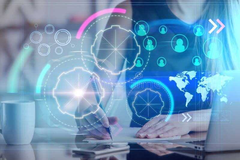 Side view and close up of hands using laptop and doing paperwork with abstract glowing forex chart. Technology, accounting and analysis concept. Double exposure. Glowing analytics stock images, royalty-free photos and pictures