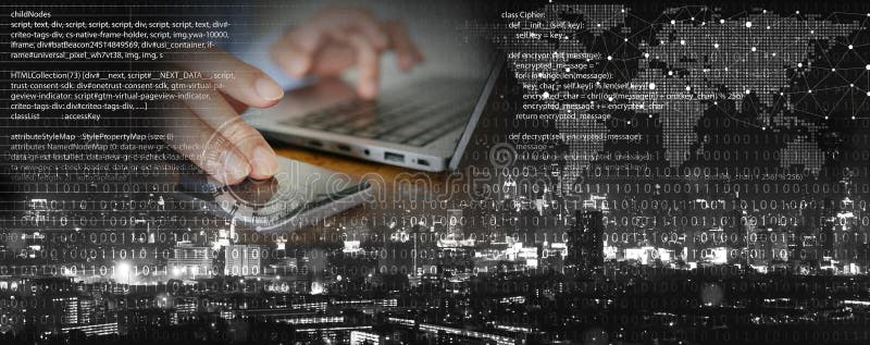 Technology Background: Programmer Using Computer Notebook for Coding and Programming with a Focus on digital transformation stock image