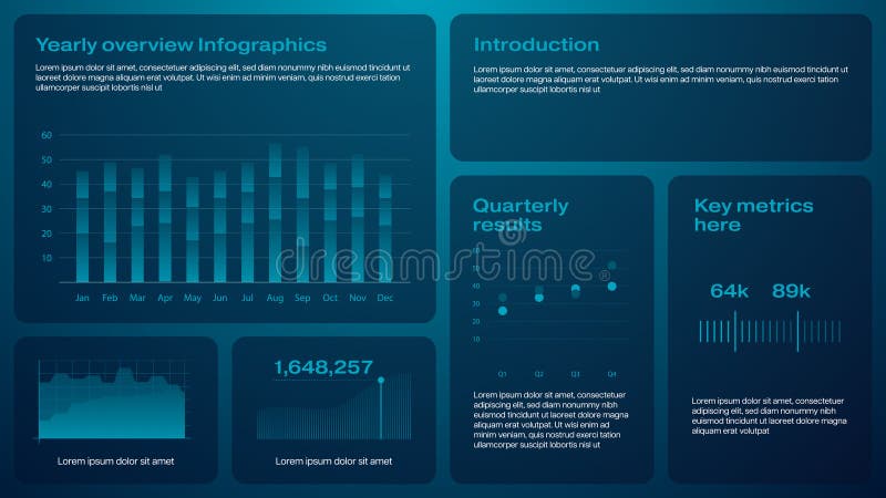 Technology business grid layout ui infographics template with graphs and charts. Professional data visualization suitable for startup or other tech