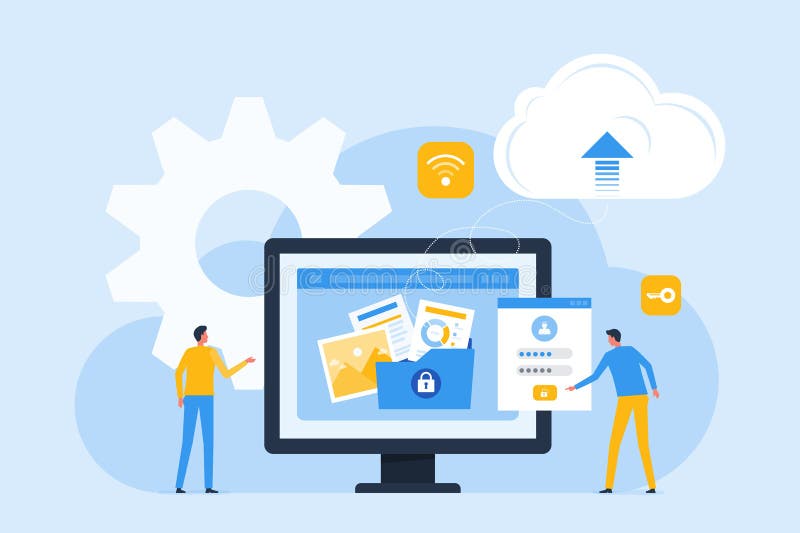 Technology cloud storage backup. business cloud computing and datacenter security concept. with administrator and developer team. royalty free illustration