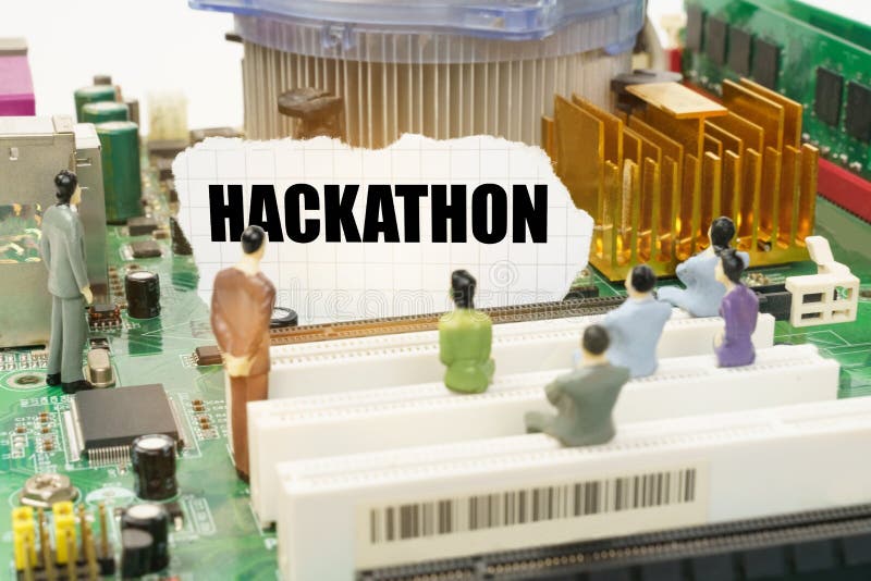 On the motherboard there are figures of people and torn paper with the inscription - Hackathon stock image