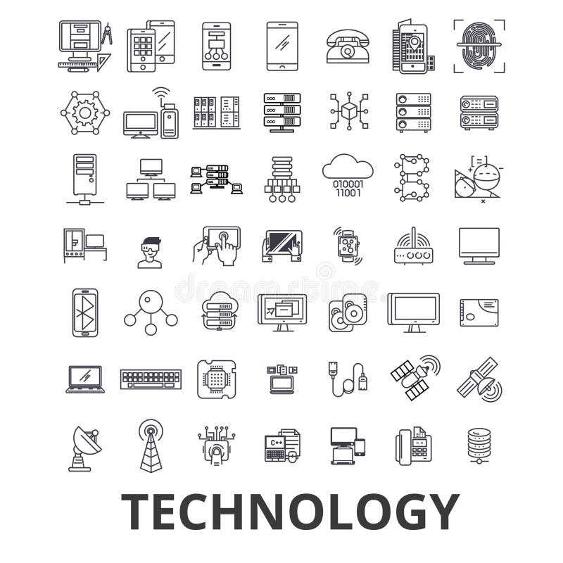 Technology, computer, it, innovation, science, information, cloud network line icons. Editable strokes. Flat design royalty free illustration