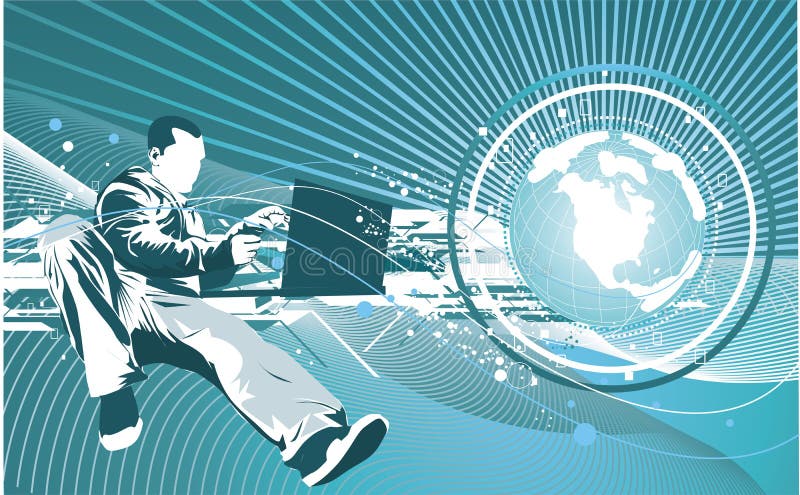 Tecnologia dell'informazione concetto di uomo con il computer portatile globo terrestre, digitale sfondo illustrazione vettoriale.