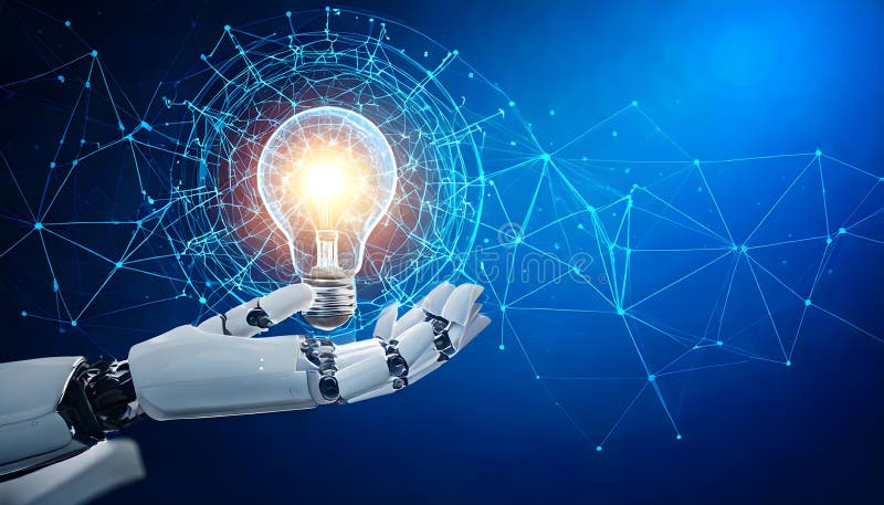 Technology concept, robotic hand holds a bright light bulb with network effect royalty free illustration