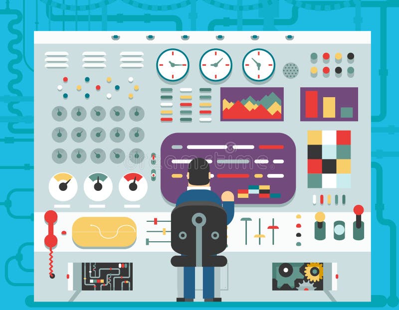 Technology control panel dashboard system switch button display analysis production development study flat design vector illustration