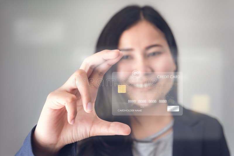 Technology Digital Connection and Business Credit Banking Concept, Business Woman is Using Credit Card on Interface Screen of stock images