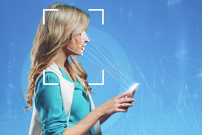 The technology of facial recognition. Portrait of beautiful blonde royalty free stock photography