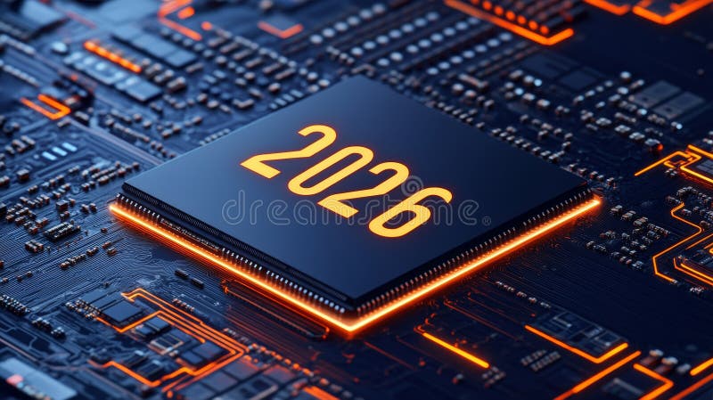 Technology of the Future A Close-Up View of a Computer Chip With the Year 2026 Illuminated stock illustration