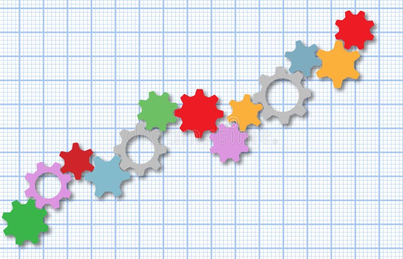 Technology gears tech business graph. Tech business startup growth chart as row of gears on graph paper vector illustration Technology gears tech business graph. Tech business startup growth chart as row of gears on graph paper vector illustration