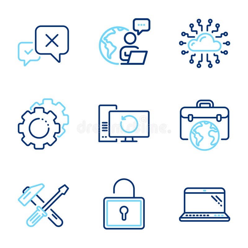 Technology icons set. Included icon as Businessman case, Settings gears, Cloud network signs. Vector stock illustration