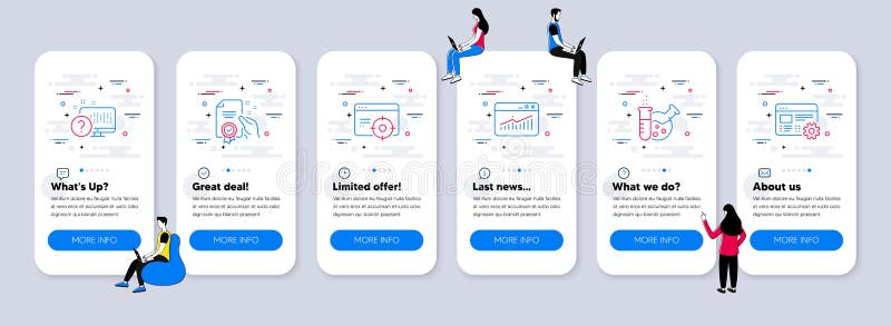 Technology icons set. Included icon as Chemistry lab, Online quiz, Seo targeting. Vector royalty free illustration