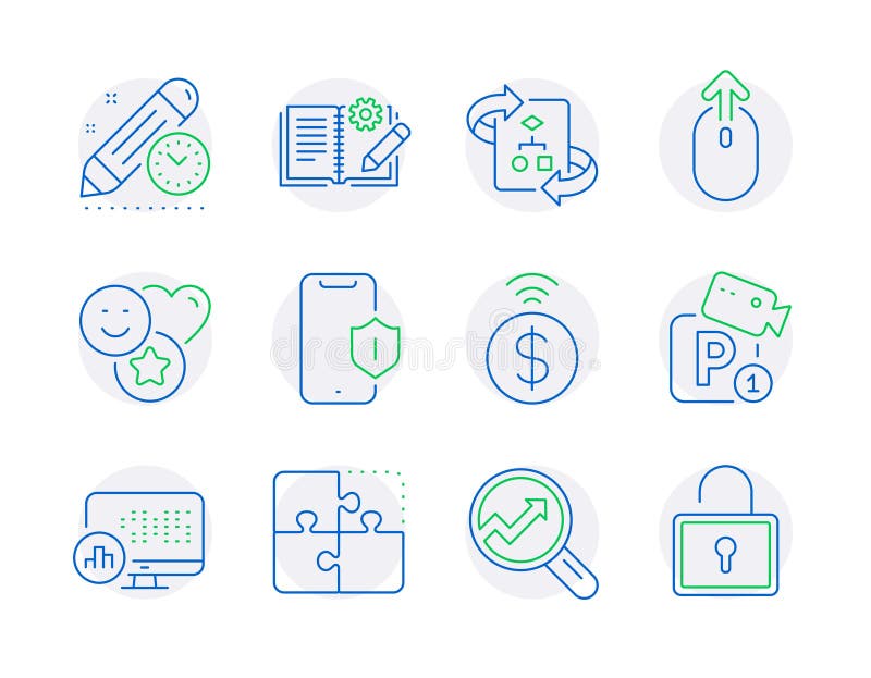 Technology icons set. Included icon as Puzzle, Swipe up, Engineering documentation signs. Vector vector illustration