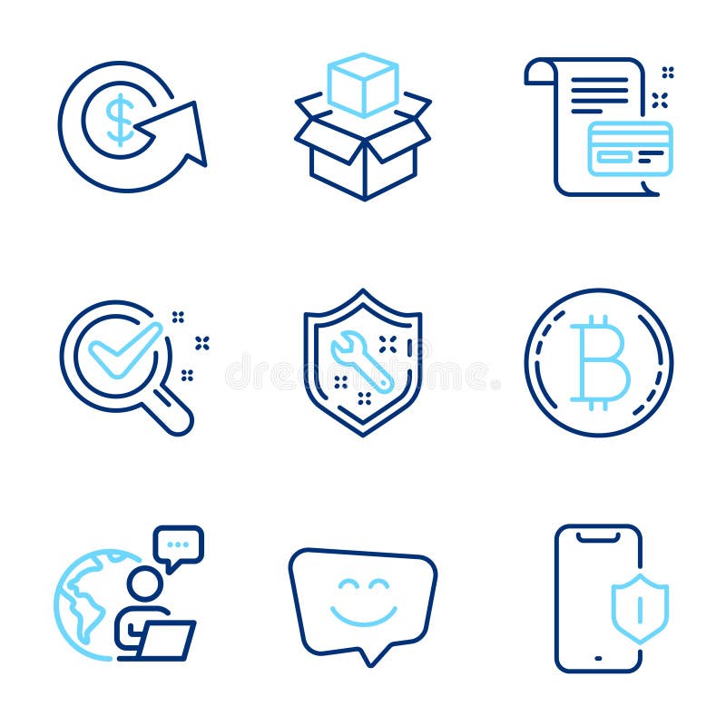 Technology icons set. Included icon as Smartphone protection, Spanner, Payment card signs. Vector royalty free illustration