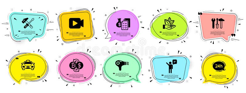 Technology icons set. Included icon as Taxi, Bitcoin exchange, Hammer tool signs. Vector stock illustration