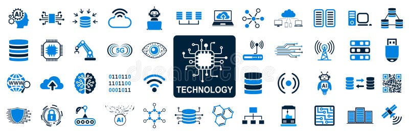 Technology icons set, industry 4. 0 concept factory of the future, technology progress: ai, robot, data, database, 5g, near field royalty free illustration