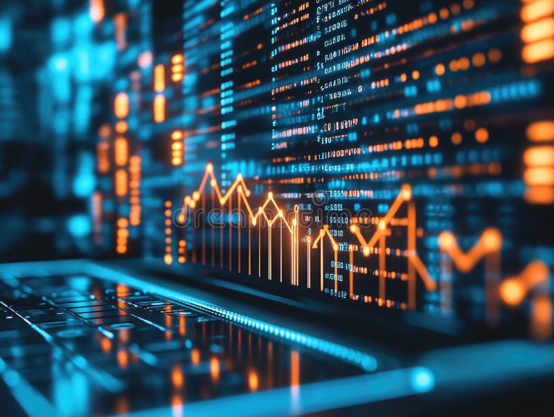 Technology Innovation Concept. Modern digital computer workstation with blurred charts and graphs on screen, symbolizing big data analysis, stock market trends or artificial intelligence progress. AI generated