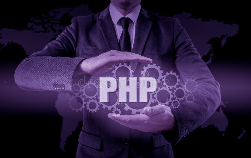 Technology and internet concept - businessman holds the php button on virtual screens