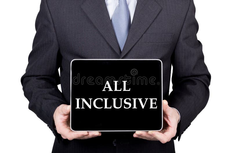 Technology, internet and networking in tourism concept - businessman holding a tablet pc with all inclusive sign stock photography Technology, internet and networking in tourism concept - businessman holding a tablet pc with all inclusive sign stock photography