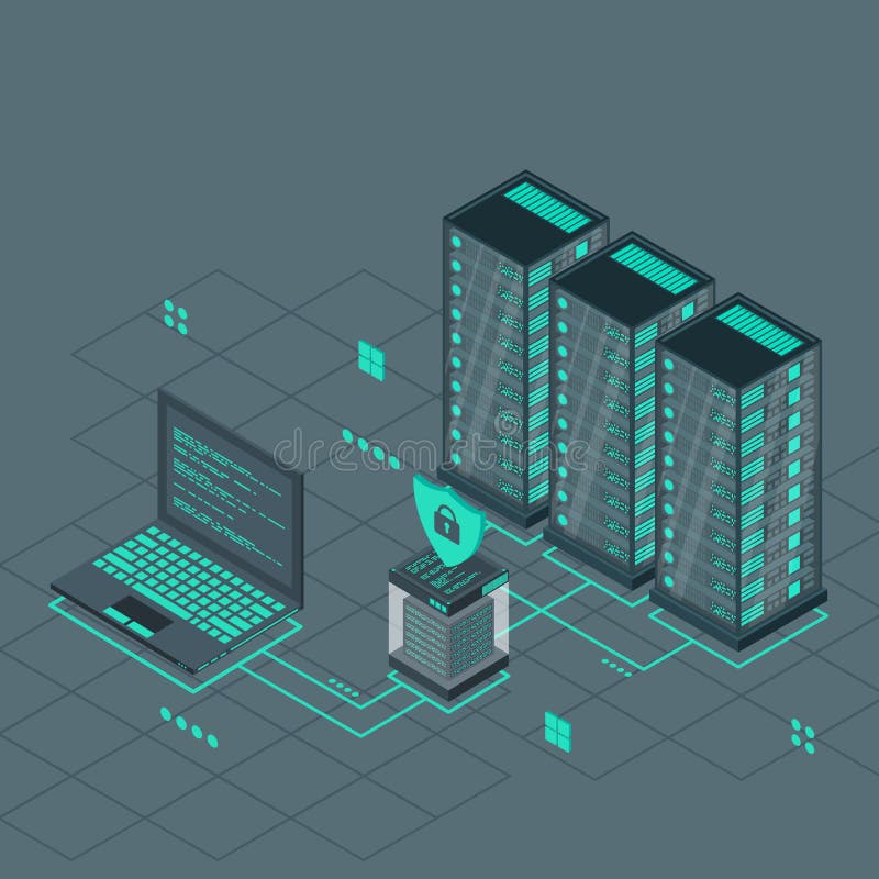 Technology isometric design for quantum computer. Blockchain server concept. Server room. Storage database. Vector illustration stock illustration