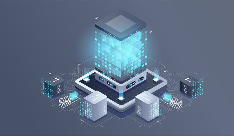 Technology isometric infographic design for quantum computer. Blockchain server concept, server room, database, information stock illustration