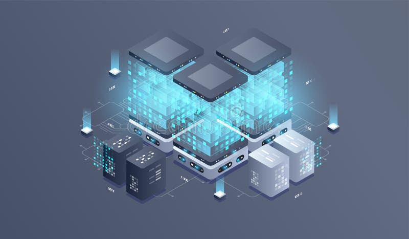 Technology isometric infographic design for quantum computer. Blockchain server concept, server room, database, information vector illustration