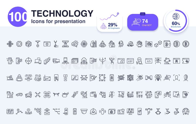Vector and illustration: 100 Technology line icon for presentation. Included icons as report,Â AI, smart life, digital, data and more. Robotics icons vectors