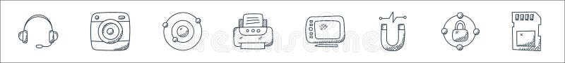 Technology line icons. linear set. quality vector line set such as memory card, network, magnetism, graphic tablet, printer, orbit royalty free illustration