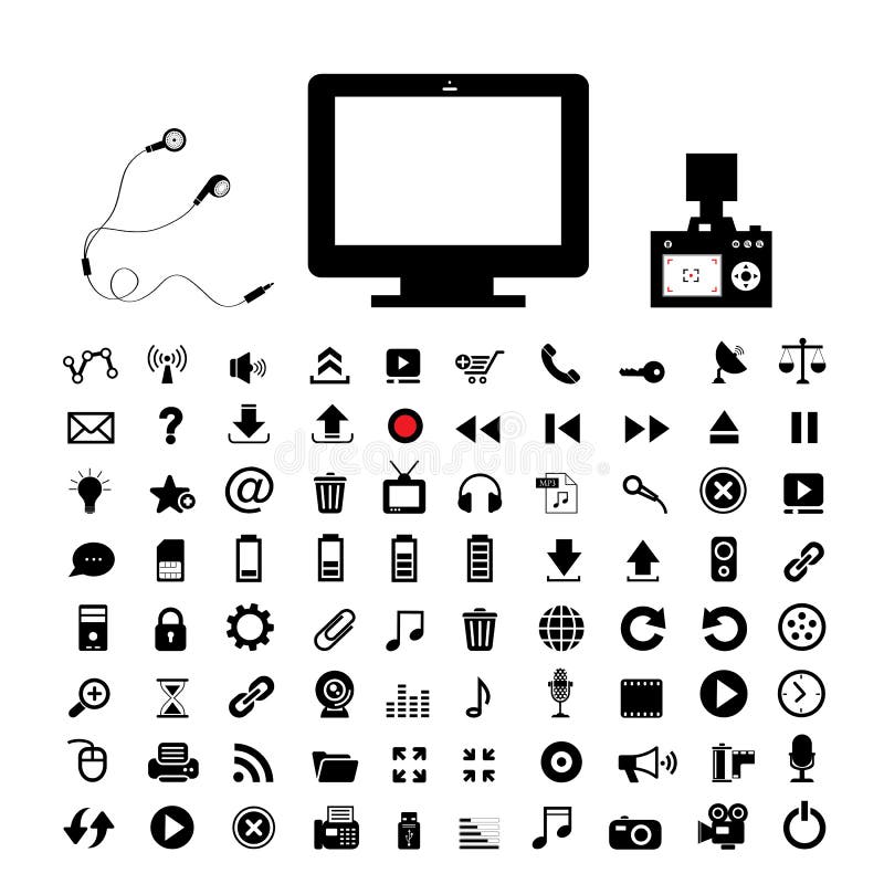 Technology and media icon set on white background