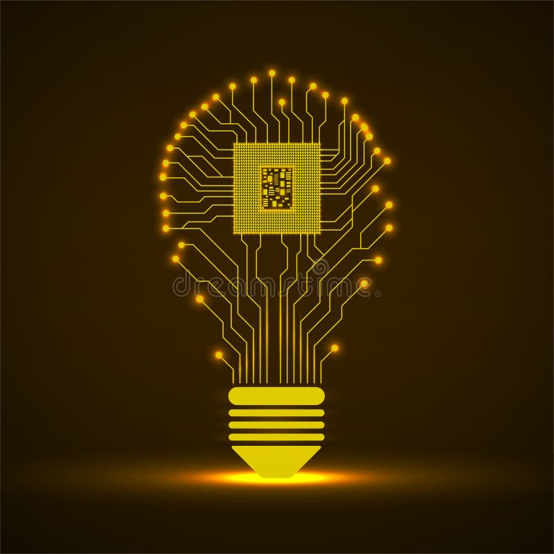 Technology Neon Light Bulb Circuit Board with Cpu Inside Stock Vector