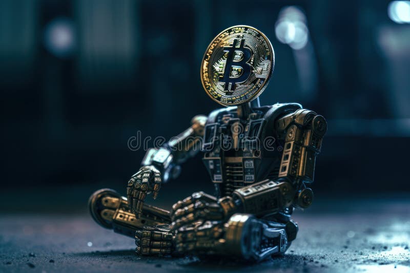 Robot bitcoin. New technologies. Artificial intelligence. GPT Chat. openAI. Wallpaper. Background. royalty free illustration