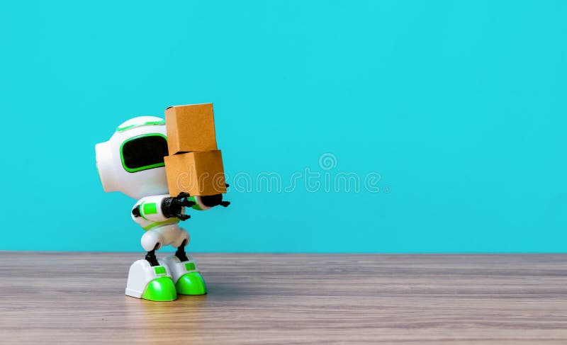 Technology robot holding industry the box or robots working instead stock photos