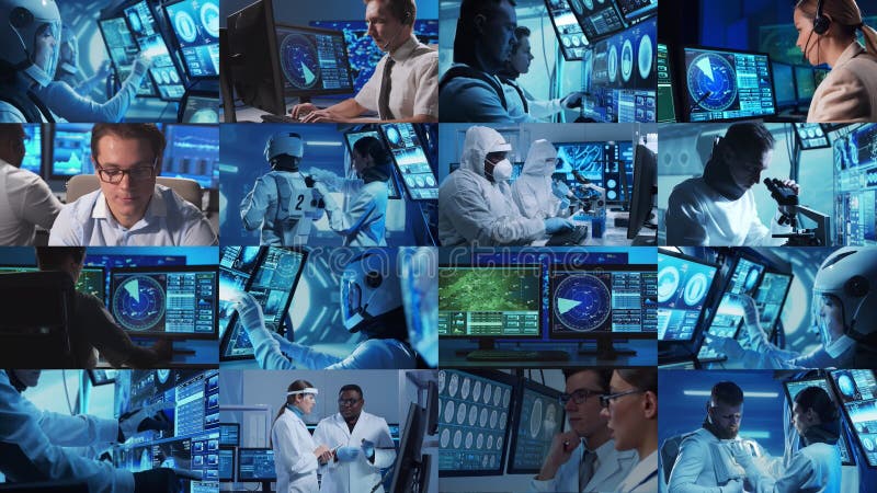 Technology, space exploration and medical concept. Scientists, astronauts, lab equipment and microscopes in biomedical stock video footage