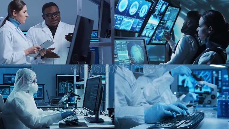 Technology, space exploration and medical concept. Scientists, astronauts, lab equipment and microscopes in biomedical stock footage