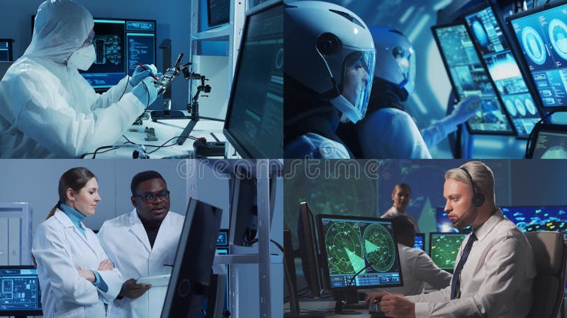 Technology, space exploration and medical concept. Scientists, astronauts, lab equipment and microscopes in biomedical stock video footage