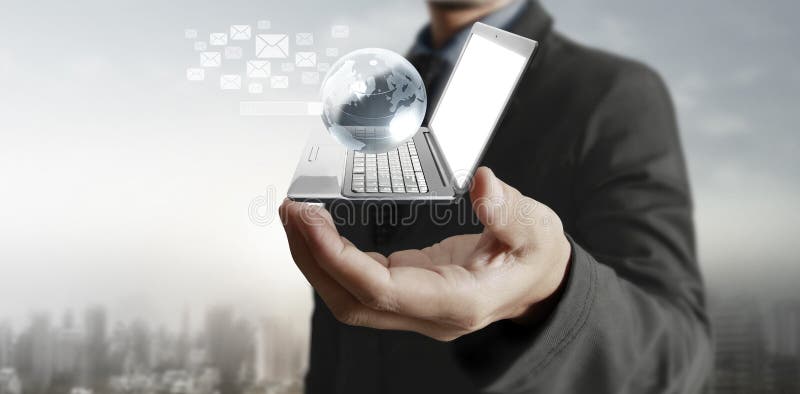 Technology tech devices connected to each other in hands stock photo